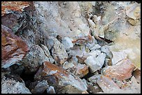 Close-up of rocks with red and yellow deposits, Devils Kitchen. Lassen Volcanic National Park, California, USA.