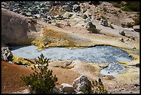 Boiling mud pot and colorful mineral deposits. Lassen Volcanic National Park, California, USA.