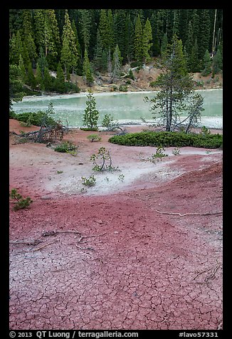 Red cracked mud next to Boiling Springs Lake. Lassen Volcanic National Park, California, USA.