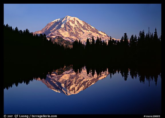 Mount Rainier with calm reflection in Eunice Lake, sunset. Mount Rainier National Park (color)