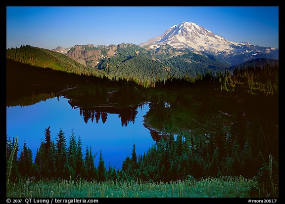 Eunice Lake seen from above with Mt Rainier behind, afternoon. Mount Rainier National Park, Washington, USA.