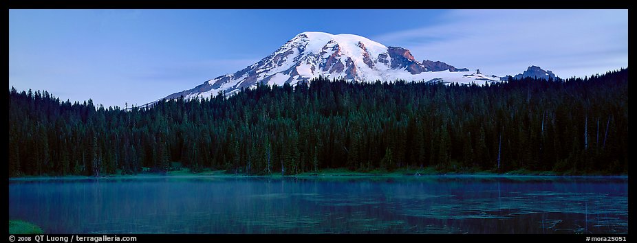 Lake, forest, and Mount Rainer at dawn. Mount Rainier National Park, Washington, USA.