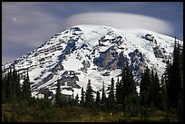 Mount Rainier capped by lenticular cloud, night. Mount Rainier National Park, Washington, USA.