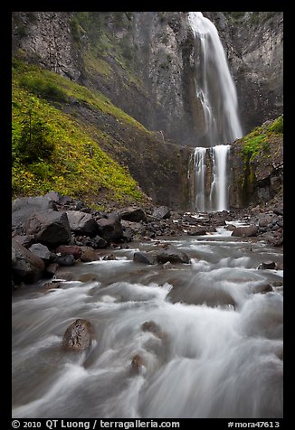 Flowing creek and Comet Falls. Mount Rainier National Park, Washington, USA.