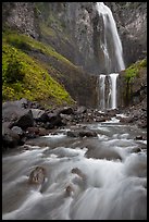 Flowing creek and Comet Falls. Mount Rainier National Park, Washington, USA.