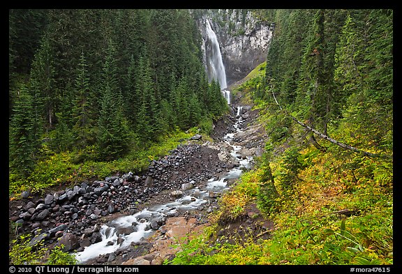 Comet Falls and Van Trump Creek. Mount Rainier National Park, Washington, USA.