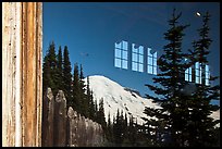 Mt Rainier, Sunrise Visitor Center window reflexion. Mount Rainier National Park, Washington, USA.