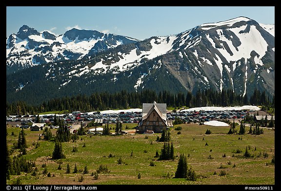 Meadows, buildings and parking lot, mountains, Sunrise. Mount Rainier National Park (color)