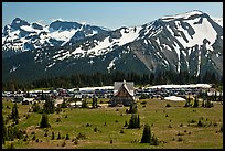 Meadows, buildings and parking lot, mountains, Sunrise. Mount Rainier National Park, Washington, USA. (color)