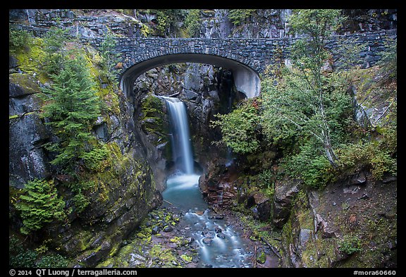 Road bridge and Christine Falls. Mount Rainier National Park, Washington, USA.