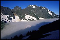 Sun projected on fog below peaks, early morning, Cascade Pass area, North Cascades National Park. Washington, USA.