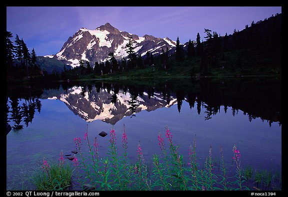 Mount Shuksan and Picture lake, sunset. North Cascades National Park, Washington, USA.