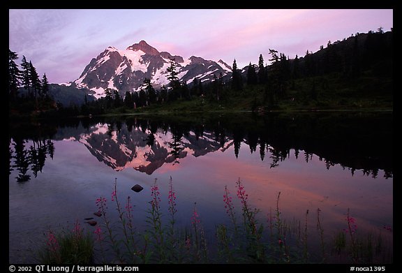 Mount Shuksan and Picture lake, sunset,  North Cascades National Park. Washington, USA.