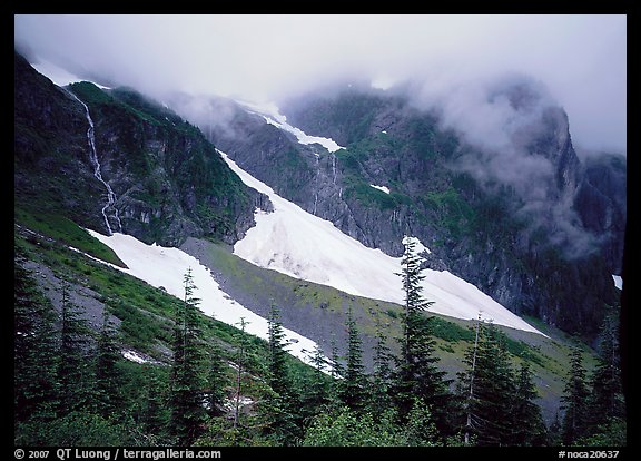Cascades and snowfields, below Cascade Pass, North Cascades National Park.  (color)