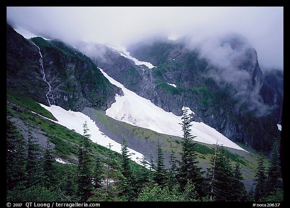 Cascades and snowfields, below Cascade Pass, North Cascades National Park. Washington, USA.