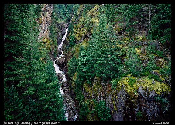 Gorge Creek falls in summer, North Cascades National Park Service Complex.  (color)