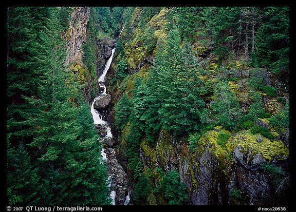 Gorge Creek falls in summer, North Cascades National Park Service Complex. Washington, USA.