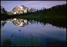 Mount Shuksan and Picture lake, sunset,  North Cascades National Park. Washington, USA. (color)