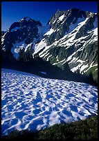 Late summer snow and peaks, Cascade Pass area, morning, North Cascades National Park. Washington, USA.