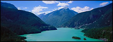 Turquoise colored lake and mountains, North Cascades National Park Service Complex.  (Panoramic color)