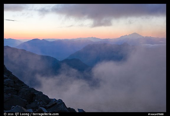 Clouds and ridges at sunset, North Cascades National Park. Washington, USA.