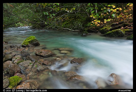 Smooth flow of North Fork of the Cascade River in the fall, North Cascades National Park. Washington, USA.