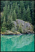 Trees and boulders reflected in Gorge Lake, North Cascades National Park Service Complex. Washington, USA.