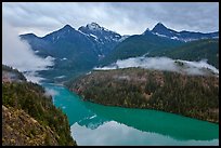 Colonial Peak and Pyramid Peak above Diablo Lake on rainy evening, North Cascades National Park Service Complex.  ( color)
