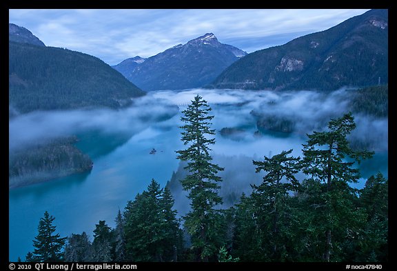 Diablo Lake and fog, dawn, North Cascades National Park Service Complex. Washington, USA.