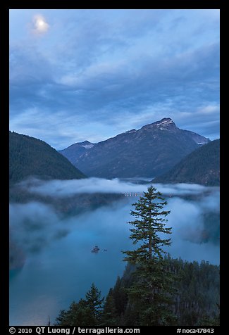 Diablo Lake, fog, and moon, dawn, North Cascades National Park Service Complex. Washington, USA.