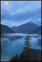 Diablo Lake, fog, and moon, dawn, North Cascades National Park Service Complex. Washington, USA.