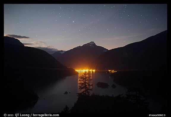 Diablo Lake by night with lights of dam,  North Cascades National Park Service Complex. Washington, USA.