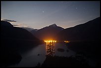 Diablo Lake by night with lights of dam,  North Cascades National Park Service Complex. Washington, USA.