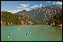 Canoes and kayaks on Diablo Lake,  North Cascades National Park Service Complex. Washington, USA. (color)