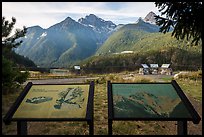 North Cascades Mountains interpretive signs, Lake Diablo overlook, North Cascades National Park Service Complex. Washington, USA.