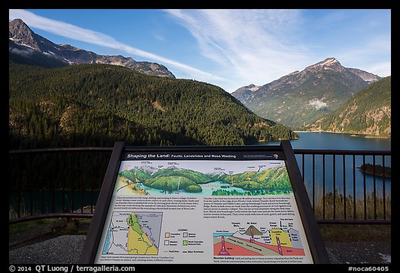 Shaping the Land interpretive sign at Lake Diablo overlook, North Cascades National Park Service Complex. Washington, USA.