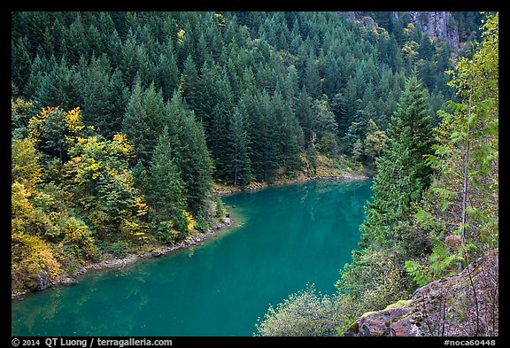 Emerald waters of Gorge Lake in autumn, North Cascades National Park Service Complex.  (color)