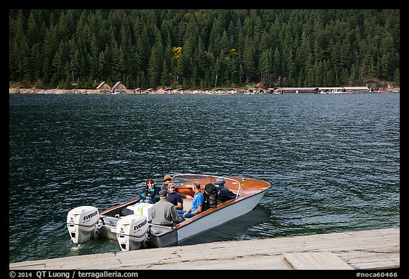 Boat ride across lake to Ross Lake resort, North Cascades National Park Service Complex.  (color)