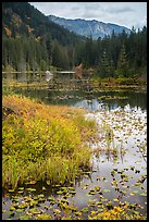 Mountains reflected in Coon Lake in autumn, North Cascades National Park Service Complex.  ( color)