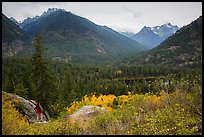 Visitor looking, McGregor Mountain above Coon Lake, North Cascades National Park Service Complex. Washington, USA.