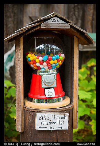 Bike through gumball dispenser, Stehekin, North Cascades National Park Service Complex. Washington, USA.