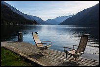 Two chairs and a buoy on deck, Lake Chelan, Stehekin, North Cascades National Park Service Complex. Washington, USA.