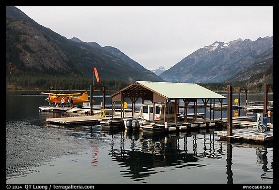 Fuel pump, boat, and floatplane, Stehekin, North Cascades National Park Service Complex. Washington, USA.