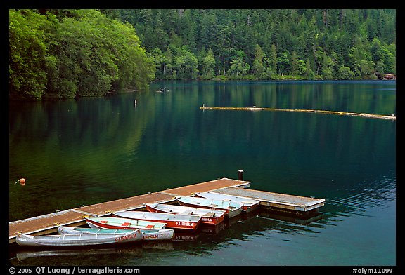 Emerald waters, pier and rowboats, Crescent Lake. Olympic National Park, Washington, USA.