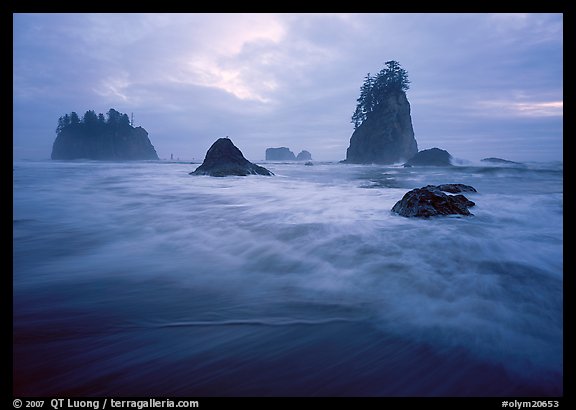 Seastacks, surf, and clouds, Second Beach. Olympic National Park, Washington, USA.