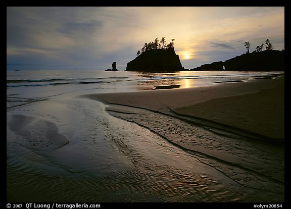 Stream, beach, and sea stacks at sunset,  Second Beach. Olympic National Park (color)