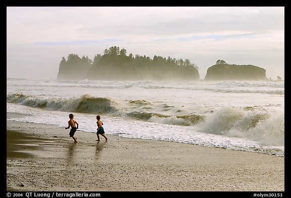 Children running along surf, Rialto Beach. Olympic National Park, Washington, USA.