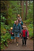Family walking on forest trail. Olympic National Park, Washington, USA.