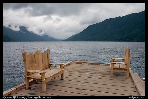 Two chairs on pier, Crescent Lake. Olympic National Park (color)