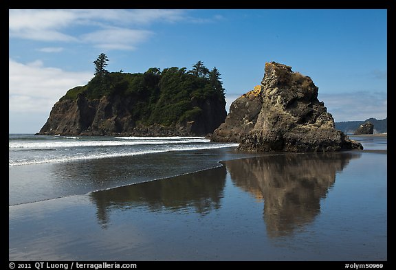 Sea stacks reflected on wet beach, Ruby Beach. Olympic National Park, Washington, USA.